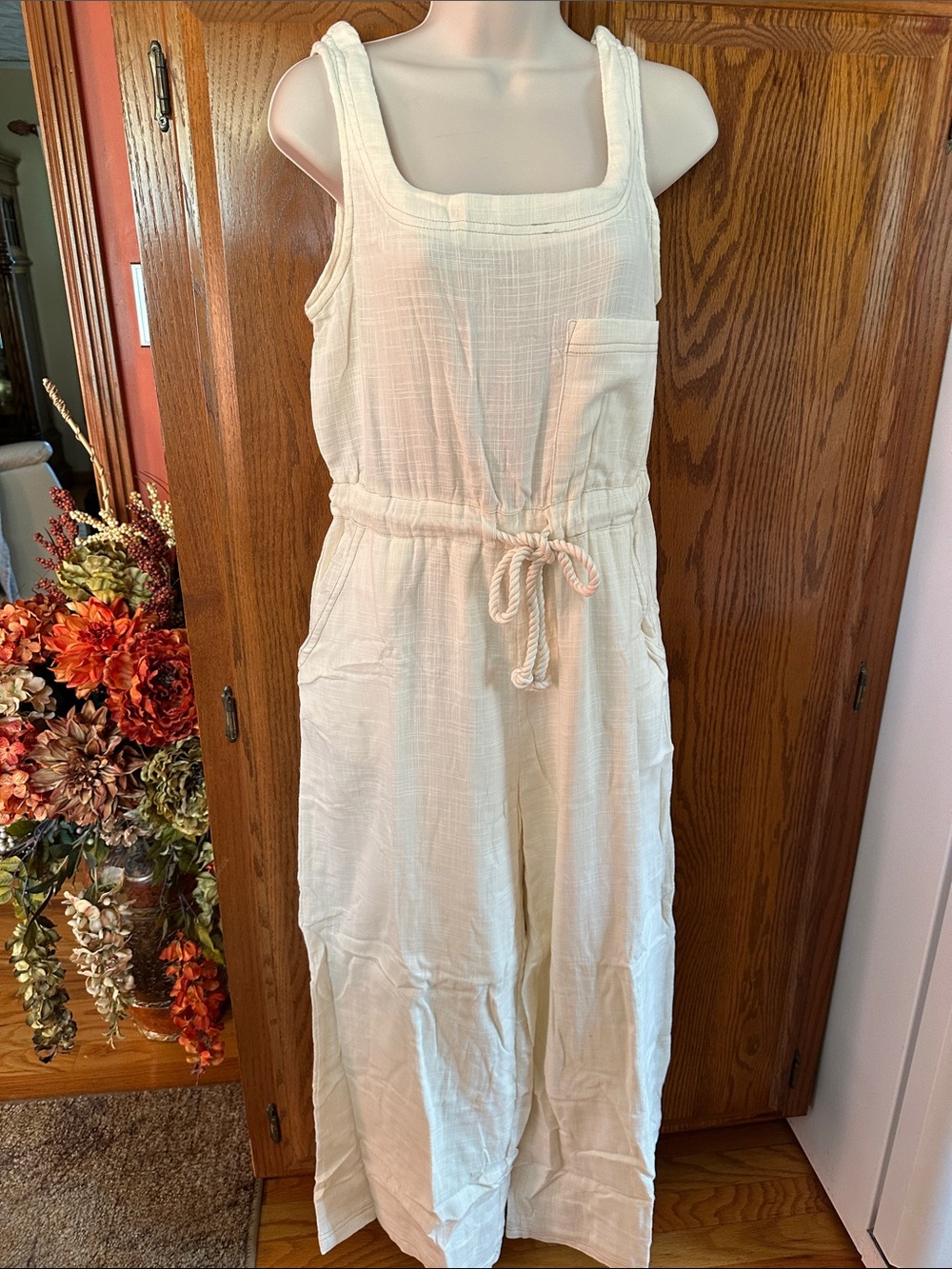 Women’s Cream Gauze Wide-Leg Jumpsuit with Drawstring Waist